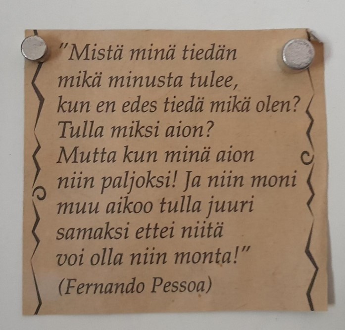 Fernando Pessoan ajatelma kuvakaappauksena. "Mistä minä tiedän mikä minusta tulee, kun en edes tiedä mikä olen? Tulla miksi aion? Mutta kun minä aion niin paljoksi! Ja niin moni muu aikoo tulla juuri samaksi ettei niitä voi olla niin monta!" 